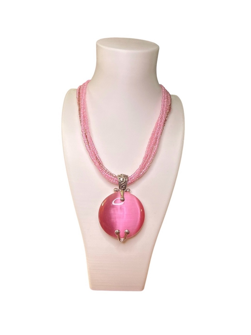 Premier Designs Katrina Necklace Retired 2006 Silver Pink Cats Eye Statement